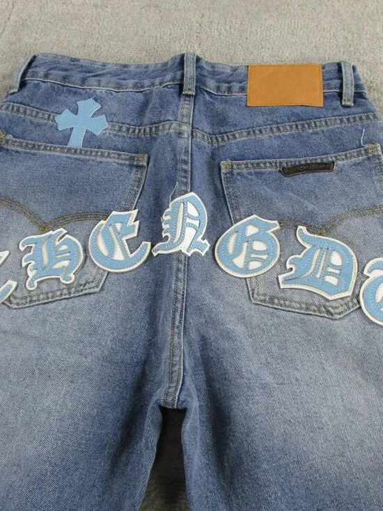 Mens Streetwear Jeans Size 30 Blue Denim Cross Logo Embroidered Luxury Grunge - Picture 4 of 11